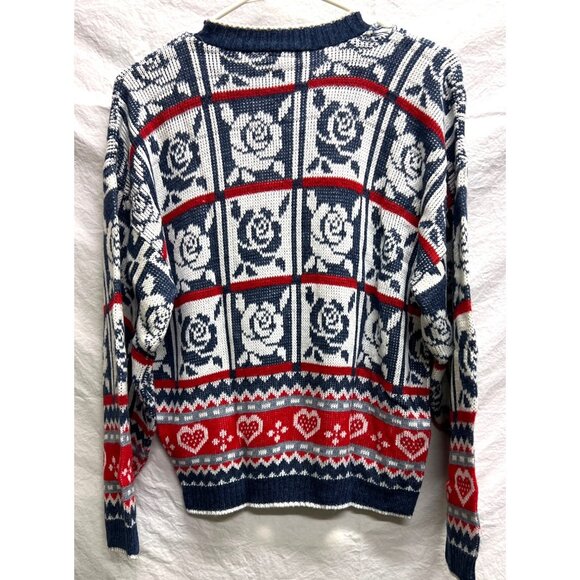 Vintage HOT CASHEWS Sweater L ARGE Roses Hearts Pattern Nordic 80s 90s - Picture 3 of 4
